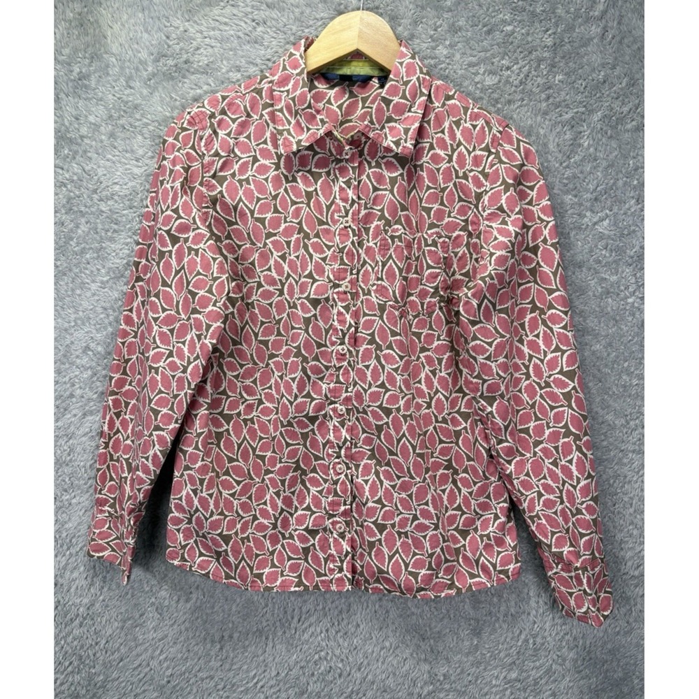 Boden Womens 14 Button Up Shirt Pink Brown Leaf Print 100% Cotton Blouse
